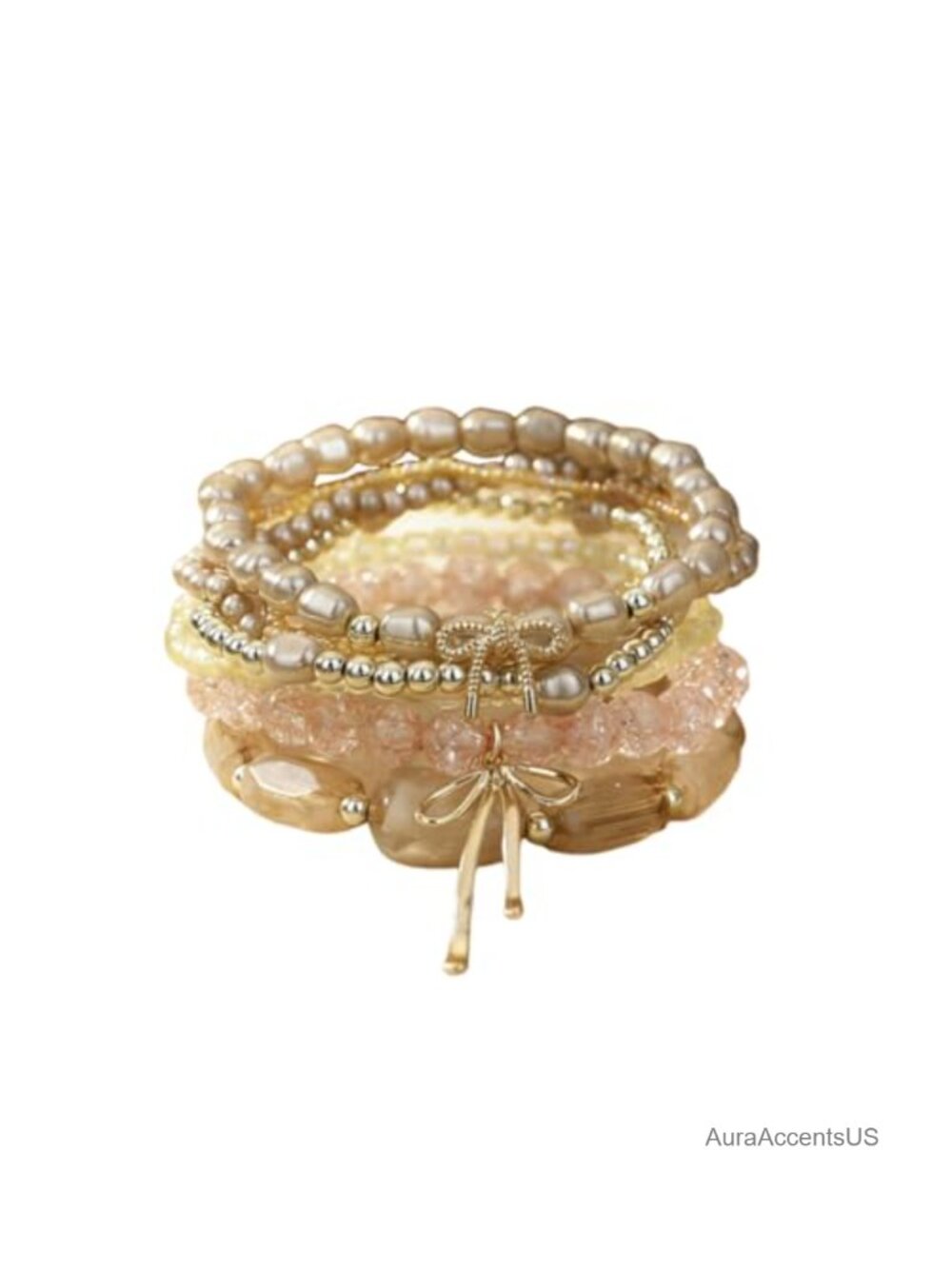 Layered Pearl Crystal Stretch Bracelet Set with Bow Charm Boho Jewelry
